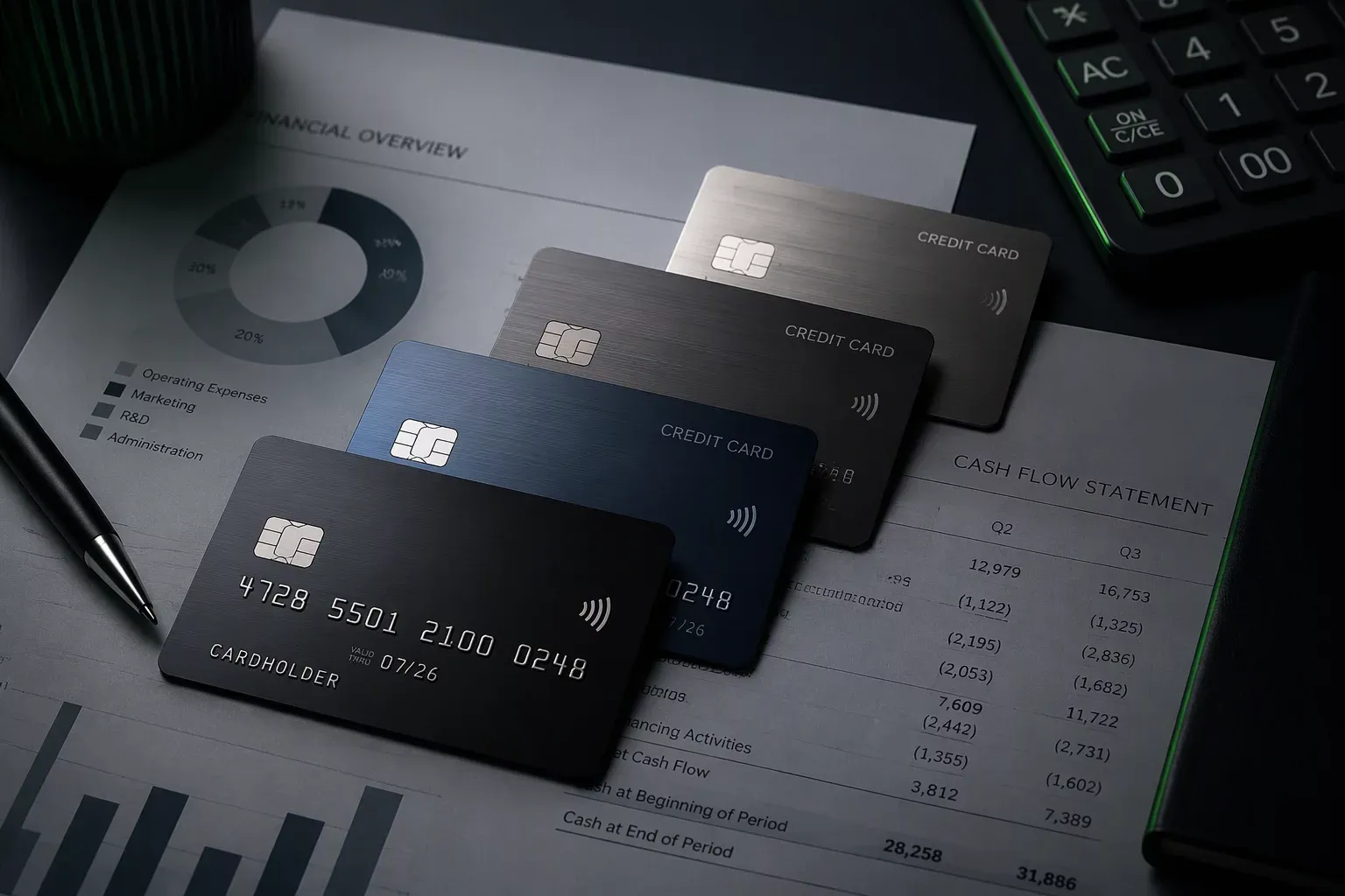 Credit cards and financial documents representing how credit cards work